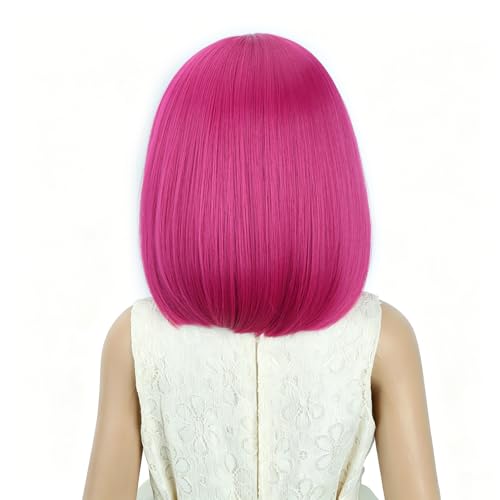 Image of Kids Pink Wig Girls Rose Red Bob Wig Child Short Bob Wig Middle Part Wig for Kids Synthetic Wigs with Wig Cap