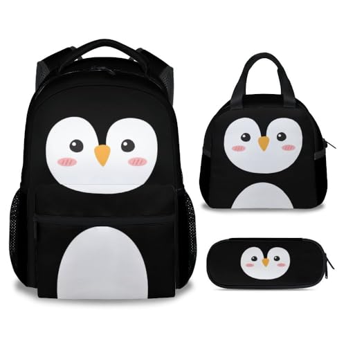 Penguin Backpack with Lunch Box and Pencil Case Set, 3PCS Matching Kids Black Backpacks Combo, Cute Bookbag and Pencil Case Bundle