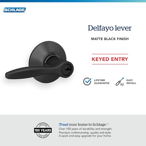 Image of Schlage Delfayo Keyed Entry Door Handle, Reversible, Matte Black | Keyed entry lever door handle with turn-button lock, Easy to install, Certified security & durability, Universal fit, 2 keys
