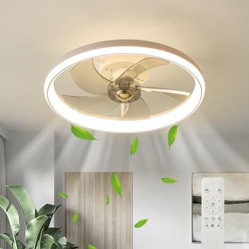 LMiSQ Modern Ceiling Fans with Lights Reversible Fans with Remote 50cm Smart Lighting Timing 6 Speeds Low Profile Ceiling Fan with Light Dimmable LED Fan Light Flush Mount for Bedroom (White)