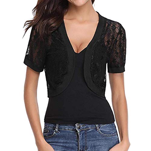 EVERICH Women Bolero Shrugs Short Sleeve Floral Lace Crop Cardigan Sheer Jackets (Black, S)
