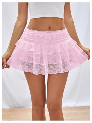 SHENHE Women's Lace Mini Skirts Y2K Low Rise Layered Ruffle Flowy Summer Casual Mini Skirt3