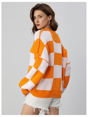 Image of SHENHE Women's Oversized Checkered Sweater Plaid Bell Sleeve Crewneck Vintage Sweater Jumper Orange Large