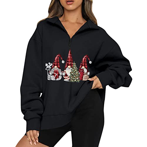 Damen-Weihnachtsdruck, übergroßer halber Reißverschluss, Langarm-Sweatshirt, Reißverschluss, Kapuzenpullover, Teenager-Mädchen, Herbst, Bluse, Kleidung, Oberteile (1-Black, XL) Cover