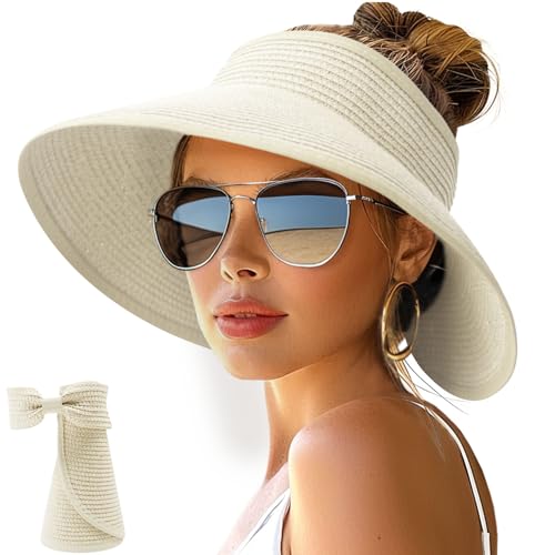 Image of NPJY Sun Hats for Women Wide Brim Roll-Up Beach Ponytail Hat Packable Foldable Travel Straw Visor