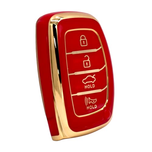 Image of KMH TPU Car Smart Key Cover Compatible for Hyundai Alcazar Creta Venue i20 Tucson Elantra, 4 Push Button Smart Key Shell Case Holder, Pack of 2 (Black & Red Gold)