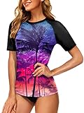 AOBUTE Short Sleeve Rash Guard for Women Tropical Surfing UV Protective Floral Printed Swim Shirt Coconut Palm Tree 2XL