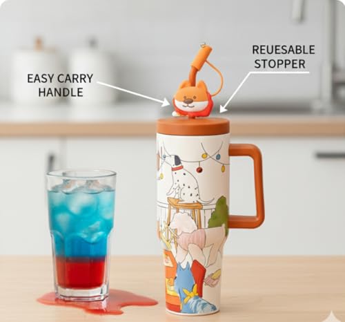 Image of Insulated Tumbler Large Travel Mug Sipper with Handle and Straw, Dog Adventure Print Design, Spill-Proof Lid with Silicone Animal Stopper, Reusable Straw, 1200ML - Pack of 1