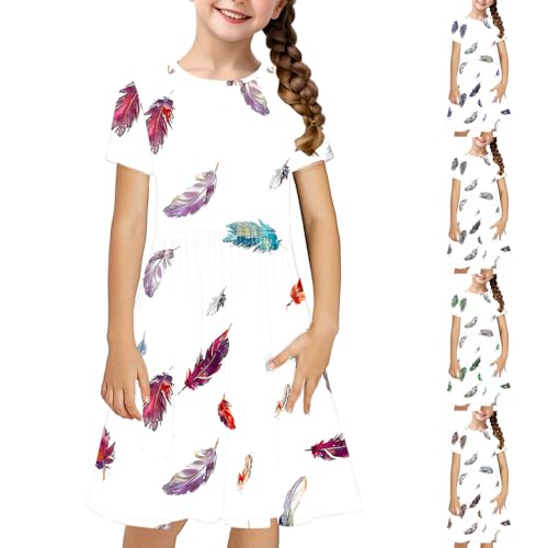Girls Feather Printed Cute Summer Dress Casual Crewneck Short Sleeve A-line Swing Loose Knee Lenght Dress for 4-14Y2