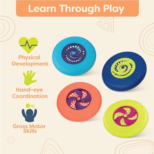 Image of B. toys Flying Disc Set, Disc-Oh! 4 Colorful Frisbees, 4 Discs, Summer | 4 flying discs with spinning centers for backyard, park, beach, and camping play; easy for little hands, 4 Discs; 4+ Years