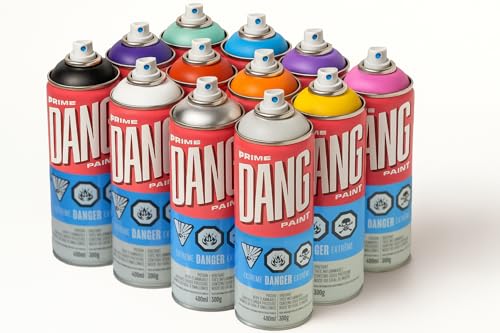 DANG Prime Spray Paint Set of 12 Popular Colors, 400ml Cans, Matte Graffiti Art Supplies, Weather Resistant Graffiti Supplies, Spray Paint for Metal, Mural, Glass, Canvas, Wood, 12 Carolina Caps