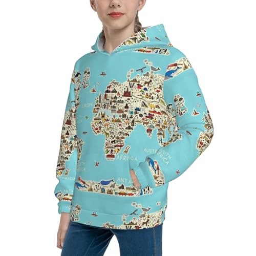 World Travel Line Icons Map Kid Hoodies Boys Sweatshirts Girls Pullover with Pocket2