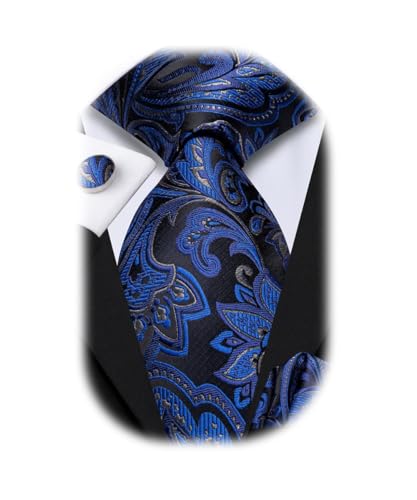 Image of Dubulle Mens Paisley Floral Silk Tie for Men Striped Necktie and Pocket Square Cufflinks Set Wedding Business