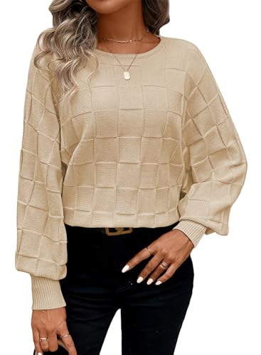 Sovoyontee Damen Herbst Pullover Tops Lang Fledermausärmel Rundhalsausschnitt Strickpullover Trendy Outfits Eierschalen M