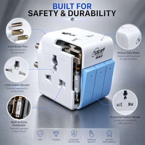 Image of PROSAC 3-Pin Multi Plug Socket with Individual Switch | Universal Travel Adapter for 2-Pin & 3-Pin Devices | 5A-250V Wall Charger with Safety Shutter, Fuse & Indicator | Pack of 1