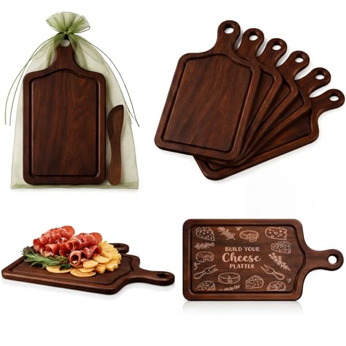 Nuenen 6 Pcs Mini Wooden Charcuterie Board Bulk, Small Wood Cutting Board for Crafts Laser Engraving with Knives Organza Bags Wedding Baby Shower Favors Gift (Square,Walnut Color)
