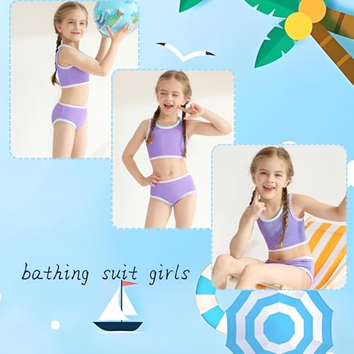 Girls Bathing Suit Toddler Swimsuits 2 Piece Bikini Sets Round Neck Colorful Lace Teen Girls Swimwear 3-14T3