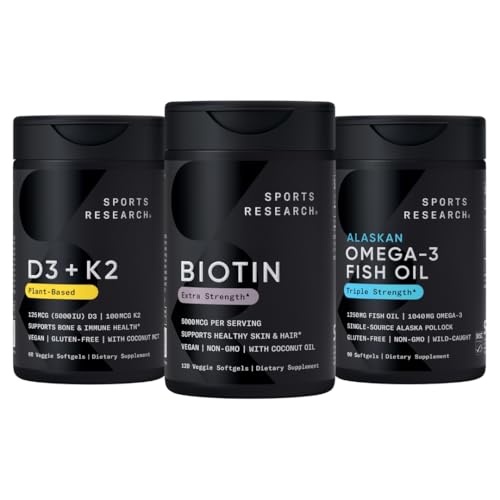 Sports Research® - Biotin 5,000mcg with Organic Coconut Oil + Vegan Vitamin D 5000iu & Mk7 Vitamin K 100mcg + Omega-3 Fish Oil 1250