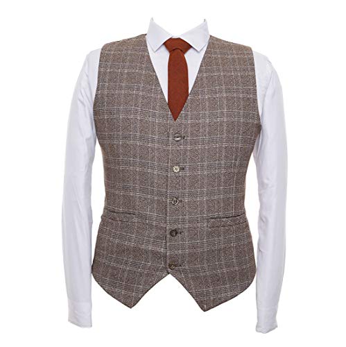 Men's Brown Tweed Wool Grid Plaid Check Tuxedos Groom Slim Fit 3 Pieces Suit Jacket Vest Pant3