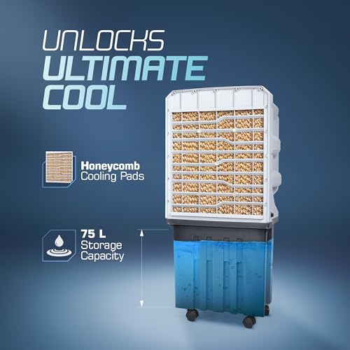 Image of SUMMERCOOL Solitaire Tower Air Cooler with Wheel | Automatic Water inlet | Auto Swing | 30ft Air Throw | Inverter Compatible | Honey Comb | 12 inch Fan | Ideal for Living Room | 75Ltr tank