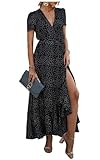 Vestido Cruzado de Verano para Mujer, Informal, Floral, con Cuello en V, Manga Corta, Dobladillo con Volantes - Lunares Negros - L
