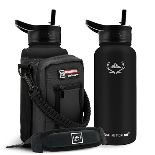 Image of NATURE PIONEOR 32 oz Insulated Water Bottle with Carrier Bag & 3 Lids