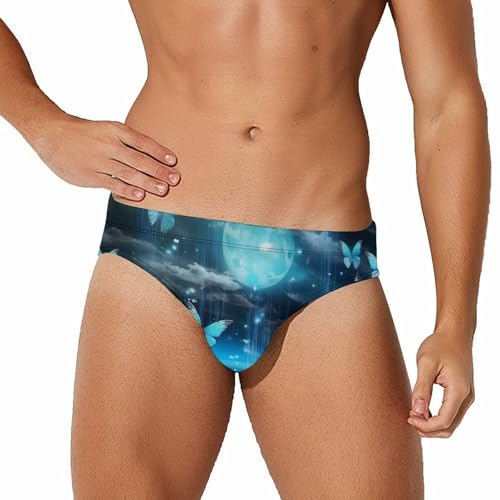 Psychedelic Teal Butterfly Full Moon Men's Swim Briefs Sexy Bikini Swimsuit Beach Shorts Underwear Low Waist