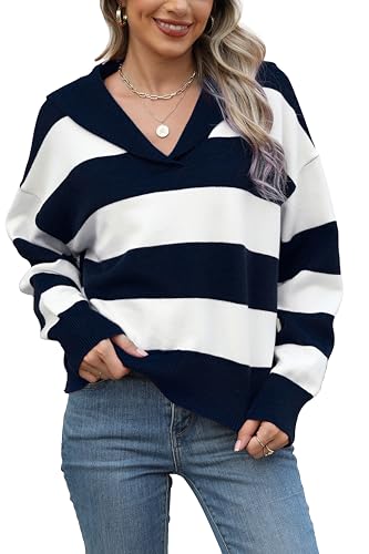 Image of D-Sun Women Striped Sweater V Neck Long Sleeve Cropped Color Block Pullover Sweater Casual Fall Winter Knit Polo Jumper Top