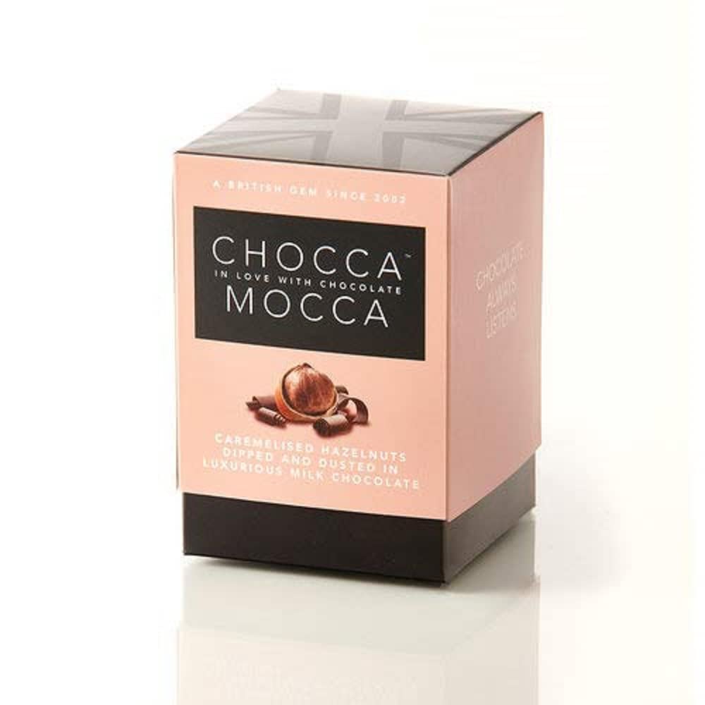 Chocca Mocca- Caremelised Hazelnuts Dipped and Dusted in Milk Chocolate in Presentation Chocolate Box Cube 100g, Deliciously indulgent Treat, Great Gift, Luxurious Quality Made in Great Britain