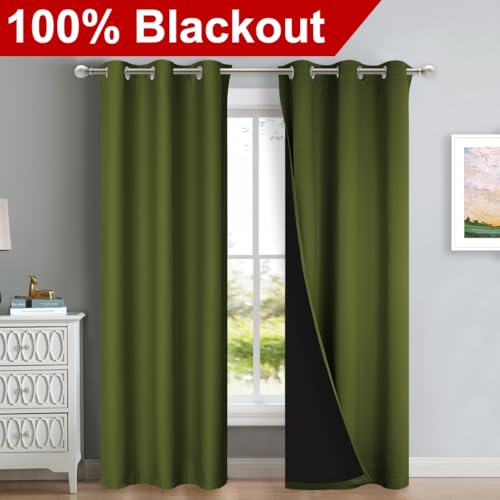 Image of NICETOWN Blackout Curtains 84 inches Long, 2 Pieces, 42 inch Wide Each Panel, Olive Green, Full Light Blocking Drapes with Black Liner for Nursery, Thermal Insulated Draperies for Hall, Villa
