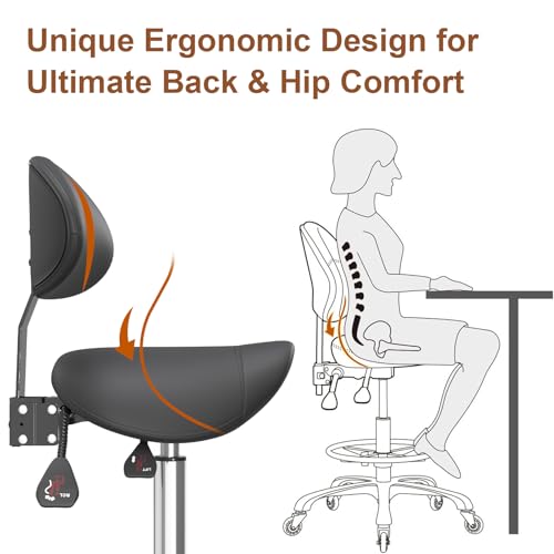 Image of Saddle Stool with Back Support, 350LBS Ergonomic Rolling Chair, Black | 350 LBS Load, Height Adjustable, 360 Swivel Casters, Ergonomic Backrest, Multi-Use for Salon, Tattoo, Spa, Dentist