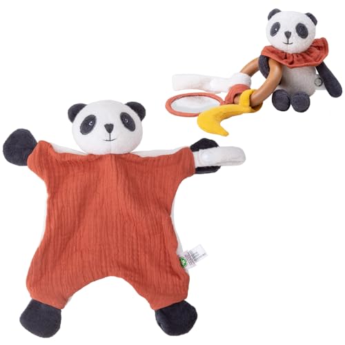 Image of Organic Cotton Stuffed Animal Rattle Baby Toys, Organic Panda Cuddle Cloth & Organic Panda Activity Ring Plush Toy Set for Newborns Infant Boys Girls, 2 PCS