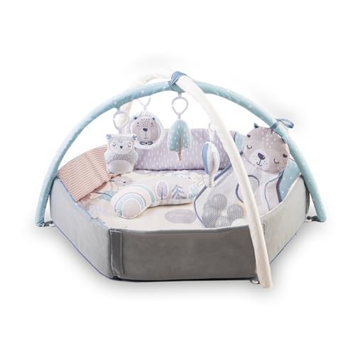 MoMi PASTEL arco de juego con colchoneta para gatear 3 en 1 para bebés desde el nacimiento, colchoneta de actividades sensoriales con 2 arcos, baño de bolas, 5 juguetes
