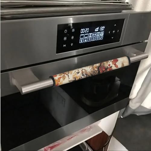 Image of Fridge Door Handle Covers Set of 6 Kitchen Appliance Decor Handles Glove Anti-Slip Protectors Washable Fabric Refrigerator Decor Accessories, Cute Cat Fall Leaf Beige Autumn Decor