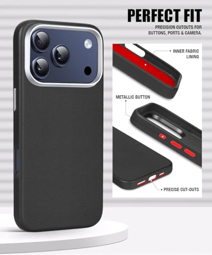 Image of WOW IMAGINE Back Cover for iPhone 17 Pro | Shockproof Tough Leather Texture Hard Mobile Case | Ultra Slim Non-Slip Grip | Inner Velvet Fabric | Metal Camera Ring - Black