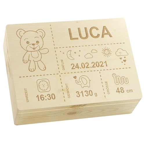 LAUBLUST Erinnerungsbox Baby Personalisiert - Geschenk zur Geburt mit Name | Teddybär - Kinder Erinnerungskiste Holz für Mädchen & Jungen | Holzkiste Natur oder Weiß - FSC® (ca. 40 x 30 x 14 cm | L)