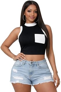 LOMOOFY Women’s Sleeveless High Neck Crop Top | Ribbed Slim Fit Casual Tank Top with Pocket Detail (Style Code: LMFTT_01_B... Price In India