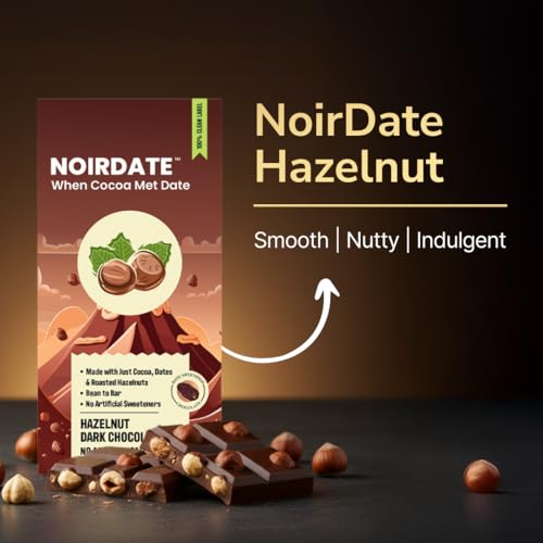 Image of NoirDate Hazelnut Dark Chocolate - 15g, Bean to Bar, Sweetened with Dates, Refined Sugar Free, Clean Label, Healthy, Vegan, Gluten-Free, Guilt-Free Indulgence (Pack of 6)