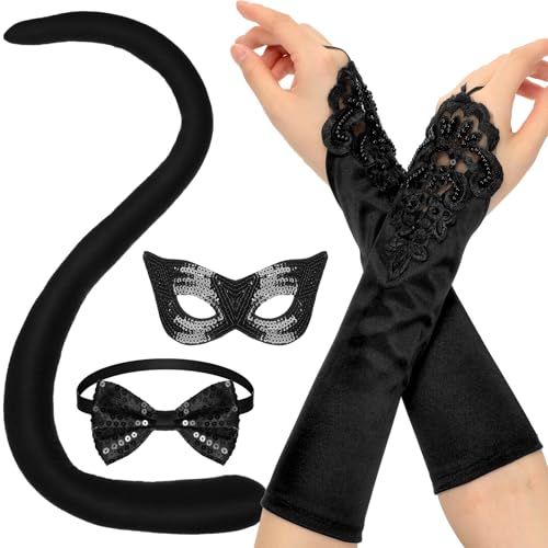 Cindeer 4 Pcs Halloween Black Cat Costume Accessories Cosplay Costume for Women Includes Cat Tail, Sequin Bowtie, Masquerade Mask, Long Gloves Halloween Party Dress up