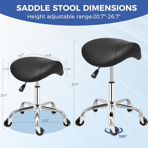 Image of ANWBROAD Saddle Stool with Wheels Ergonomic Swivel Adjustable Rolling Stool with PU Leather Thick Wide Saddle Seat Padding Comfortable Rolling Saddle Chair for Salon Massage Clinic Black UWSS001B
