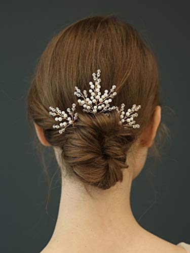 AW BRIDAL 3Pcs Wedding Hair Pins Pearl Bridal Hair Piece Clips Crystal Headpiece Flower Gold Wedding Hair Accessories for Women Bridemaids