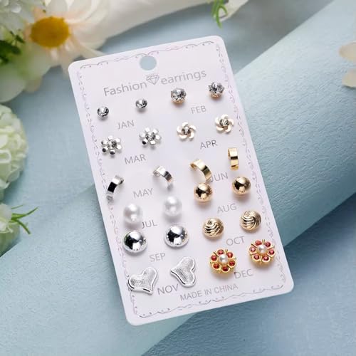 Image of 12 Pairs Trendy Stud Earrings Set with Crystal and Pearl, Heart, Flower, Star and Geometric Styles