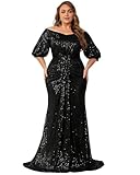 Women's Plus Size Off Shoulder Puff Sleeve Sequin Formal Maxi Dress Evening Party Gowns Black
