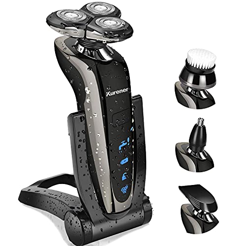 Kurener Electric Shaver Razor for Men Rechargeable 100% Waterproof Rotary for Shaving with Nose Trimmer Sideburns Trimmer Face Cleaning Brush