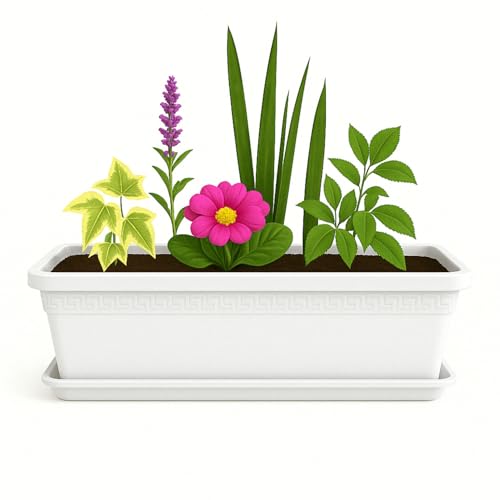Jardinera de plástico con Plato, Macetero Jardín, Incluye Plato, Fabricado en Polipropileno, Apto balcón, Patio, Interior/Exterior, 60 cm Largo x 16.5 cm Alto x 18 cm Fondo, Blanco