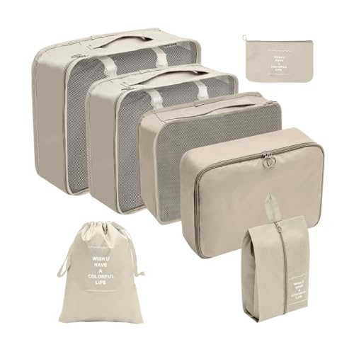 Organizador Viagem Kit 7 Peças - Necessaire para Bagagem Malas Roupas Bolsa Cosméticos Higiene - Dobrável Impermeável Multiuso Feminina Masculina Unissex Grande Compacto Prático (BEGE)