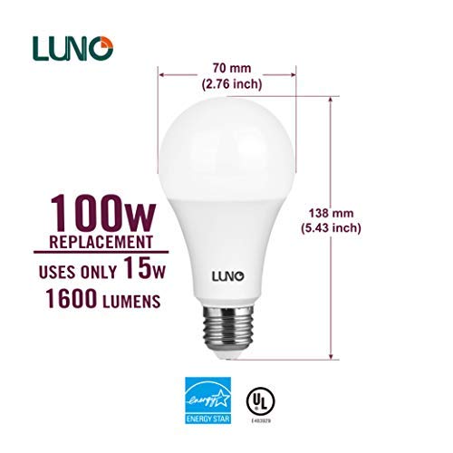Luno A21 Dimmable Led Bulb, 15W (100W Equivalent), 1600 Lumens, 4000K (Neutral White), Medium Base (E26), Ul & Energy Star (4-Pack) #TOP2