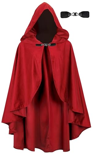 UQJE Medieval Cloak with Hood Halloween Renaissance Hooded Short Cape for Men and Women (US, Alpha, One Size, Regular, Regular, Red-1)