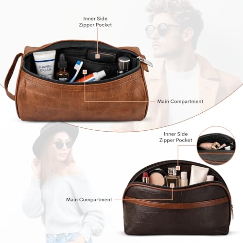 Image of SNDIA 2-Set PU Leather Toiletry Travel Bags for Men and Women, Shaving Kit Bag, Makeup Cosmetic Pouch for Women and Men (Him & Her) Brown