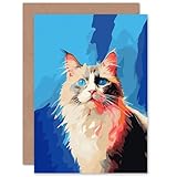 Artery8 Seal Point Ragdoll Cat With Blue Eyes Pet Portrait Colourful Artwork Painting Sealed Greeting Card Plus Envelope Blank inside